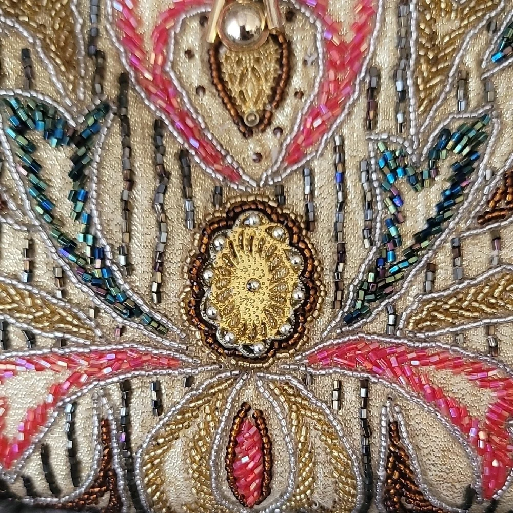 Gold and Multicolor Beaded  Women's Clutch With Crossbody Chain